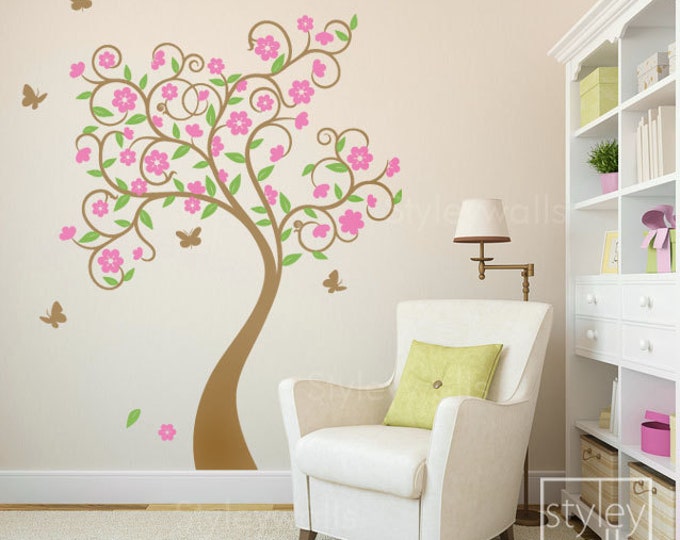 Cherry Blossom Tree Wall Decal, Tree Wall Decal Sticker, Flowers Tree Wall Decal, Curly Flower Tree and Butterflies Kids Children Nursery