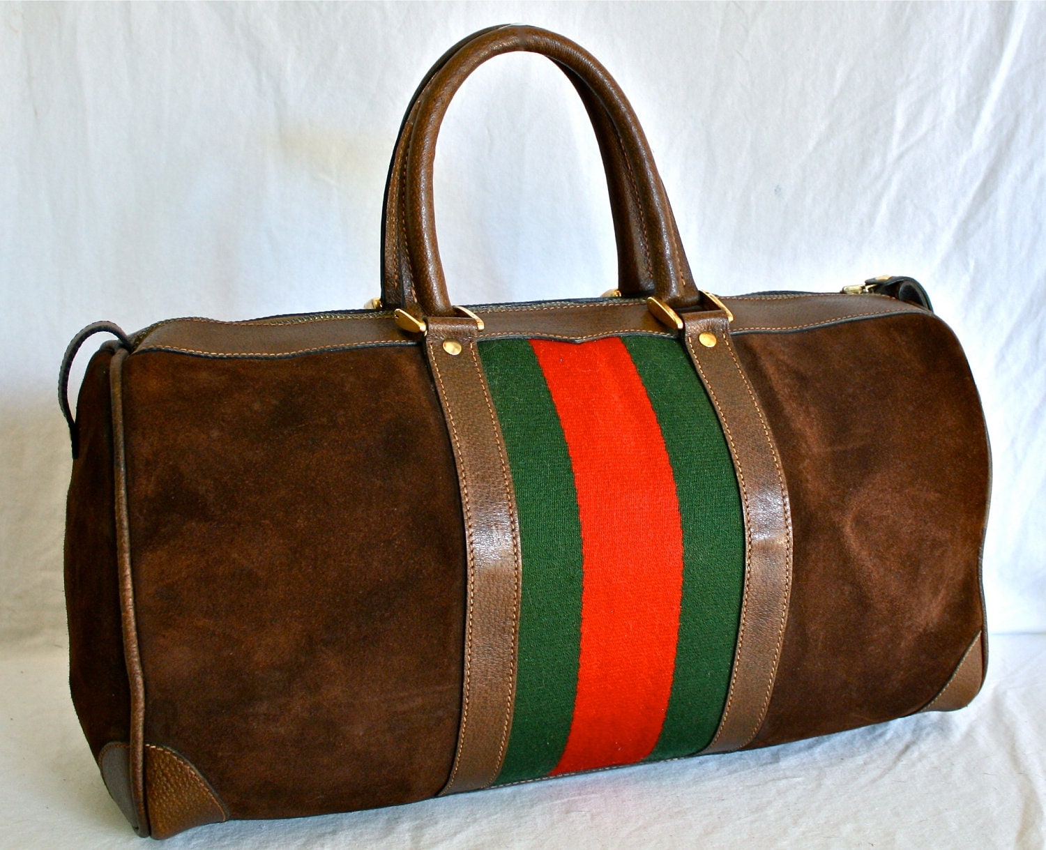 VINTAGE GUCCI Duffel Web Suede Leather Extra Large Doctors Bag