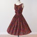1950s Dress, 50s Multi-Color Cotton Fleur De Lis Print Full Skirted Rockabilly Party Dress, Small Vintage Sleeveless Dress
