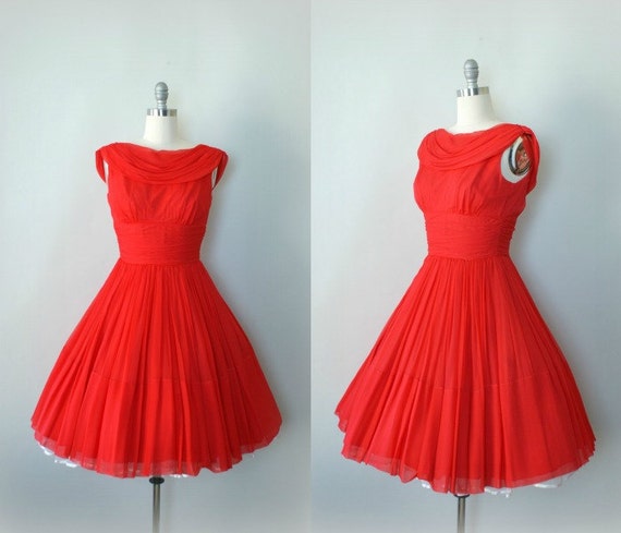 Vintage 1950s Bright Red Chiffon Party Dress