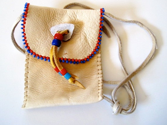 Native American leather pouch with beads 70's by VintageGoodThings