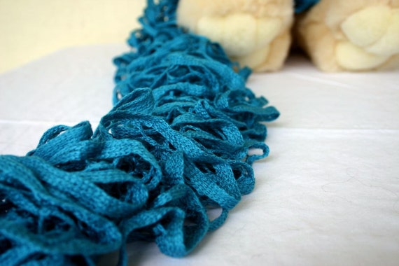 Teal scarf crocheted mesh yarn fluffy frilly by lovinghandscrochet