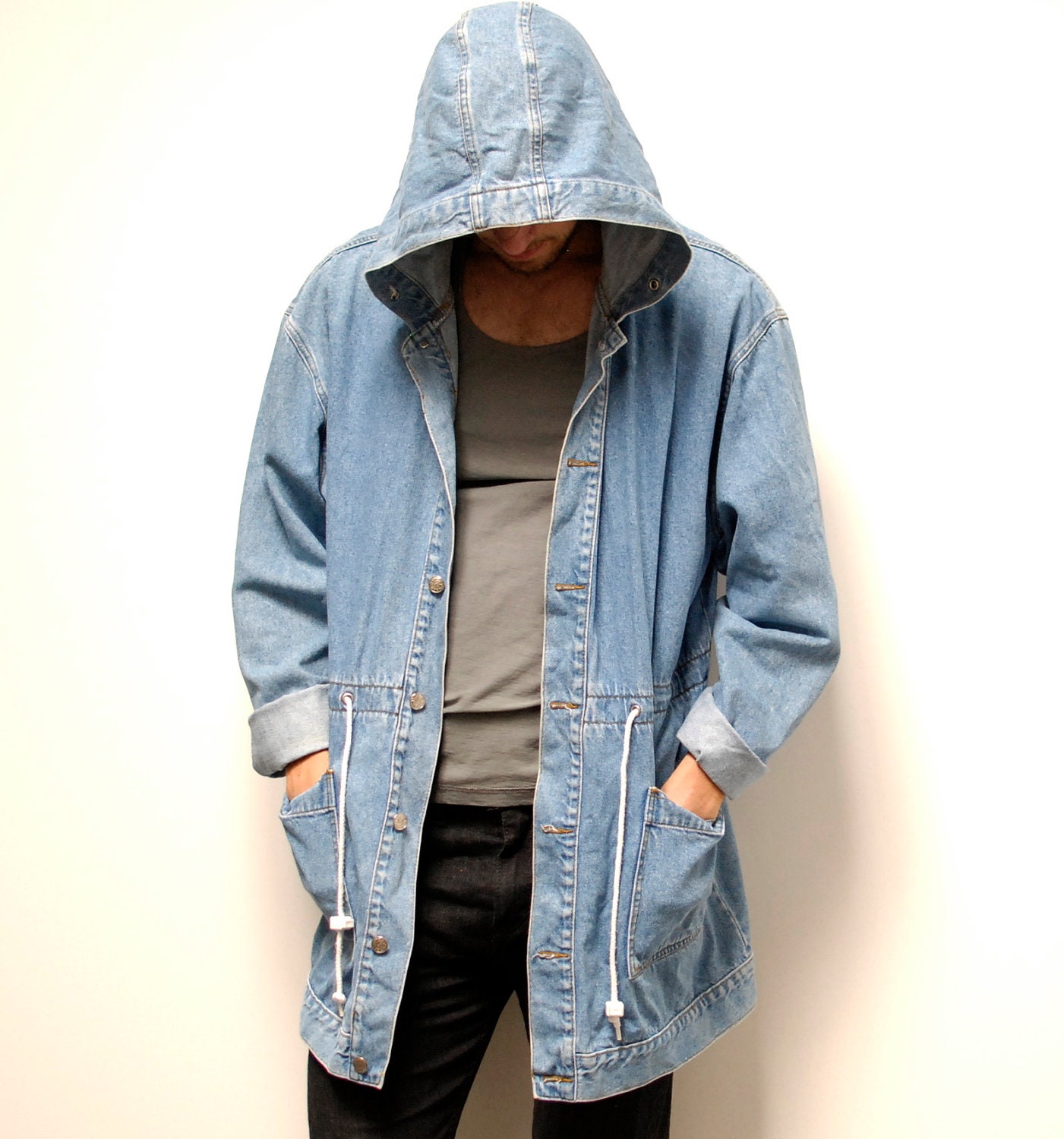 DENIM PARKA hooded blue cotton TOGGLE jacket