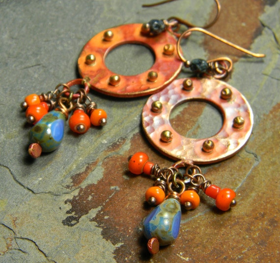 Knobby Hoop Earrings Copper Czech Glass OOAK
