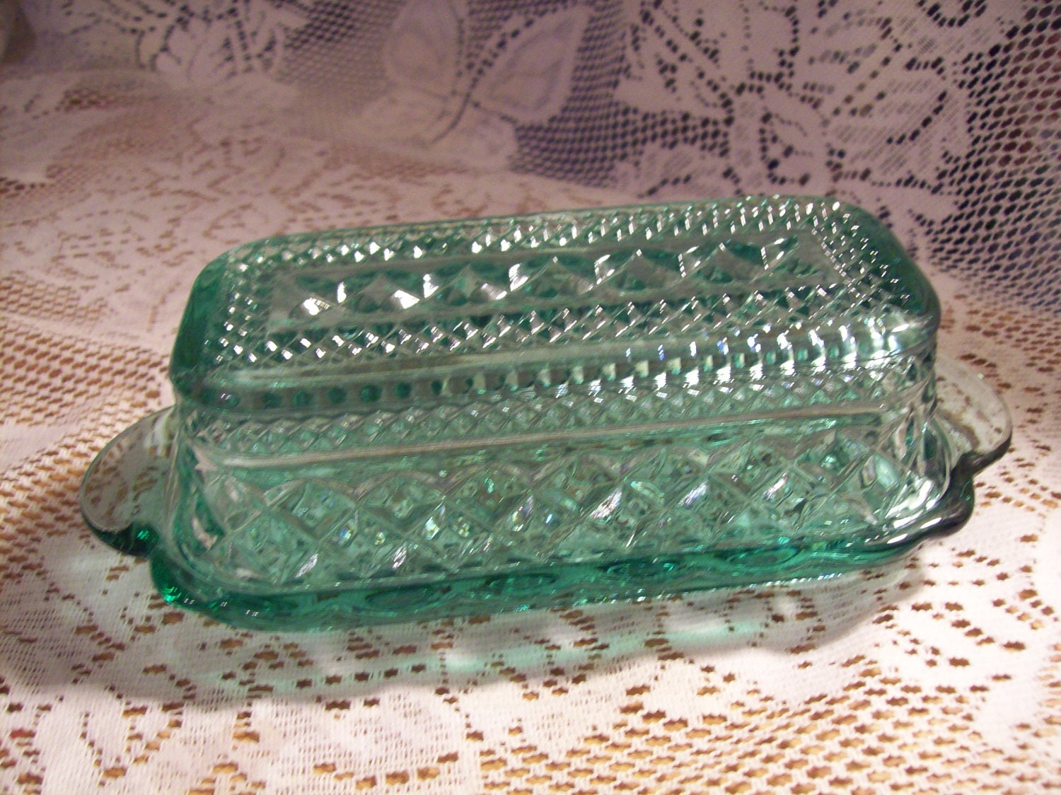 Vintage Green Glass Butter Dish