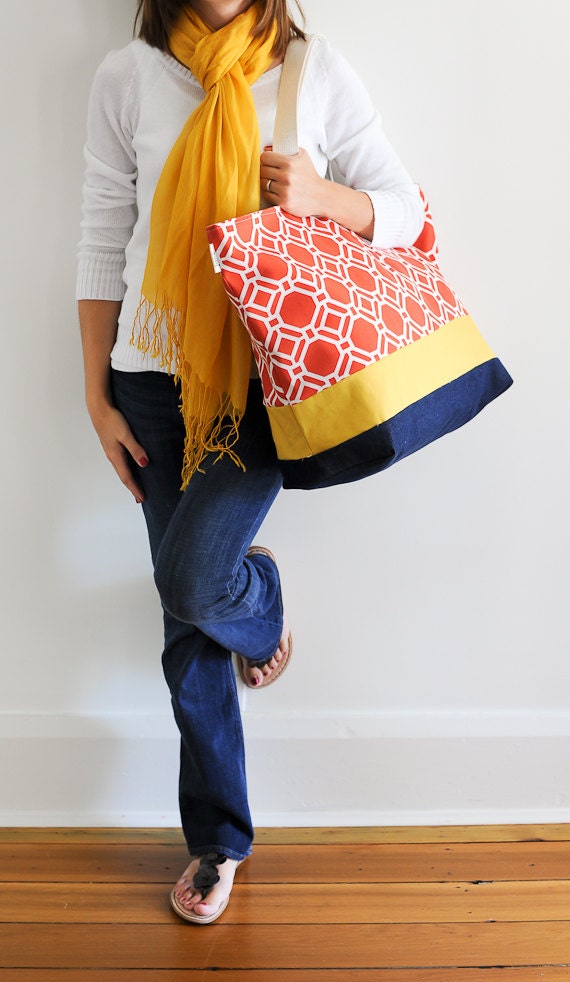 EXTRA Large Beach Bag // Tote in Poppy Geometric with a Yellow