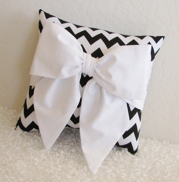 Black and White Chevron Bow Accent-Throw Pillow by