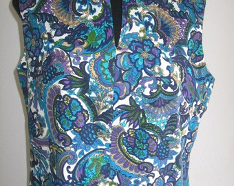 60s vintage peacok print dress large size