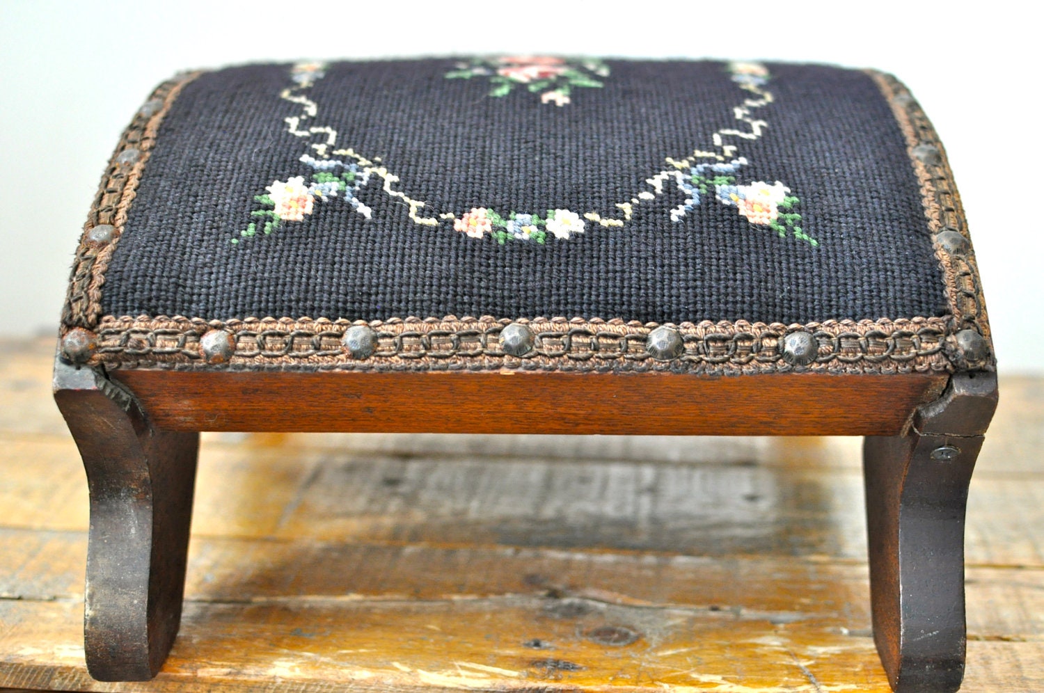 Vintage Needlepoint Foot Stool