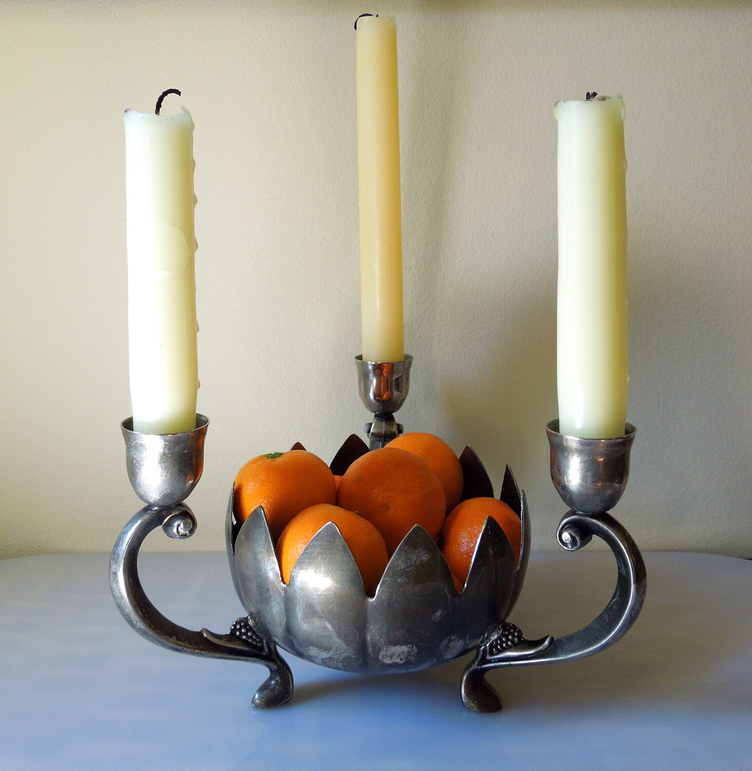 Vintage Silver Plate Candle Holder & Bowl