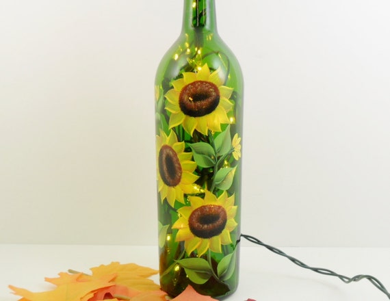 Lighted Wine Bottle Sunflowers Green Hand Painted 750 Ml