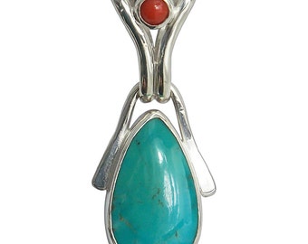 Kingman Turquoise, Red Coral and Sterling Silver Pendant pturg2159