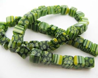 Green with Yellow Cube Millefiori Beads - CG072