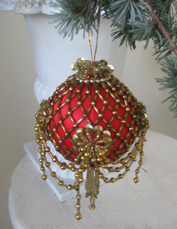 Victorian Inspired Red Satin Beaded Sequin Christmas Ball
