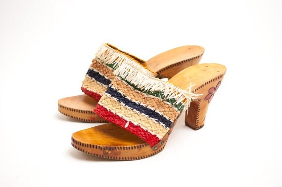 Vintage 1970s Wood Mules 70s Platform Shoes Striped Raffia