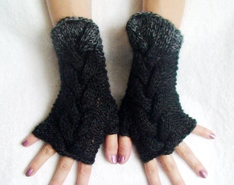Fingerless Gloves Cabled Wrist Warmers in Black and Grey