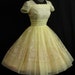 Vintage 1950's 50s Cupcake Lemon Yellow Flocked Floral Chiffon Organza Party Prom Wedding Dress