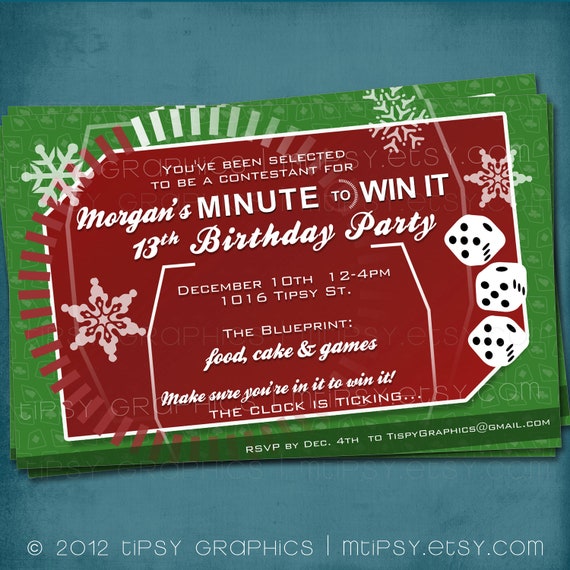 Holiday MINUTE to WIN IT Party Invite/ Photo Optional- fun for Big Kids and Adults - by Tipsy Graphics Il_570xn