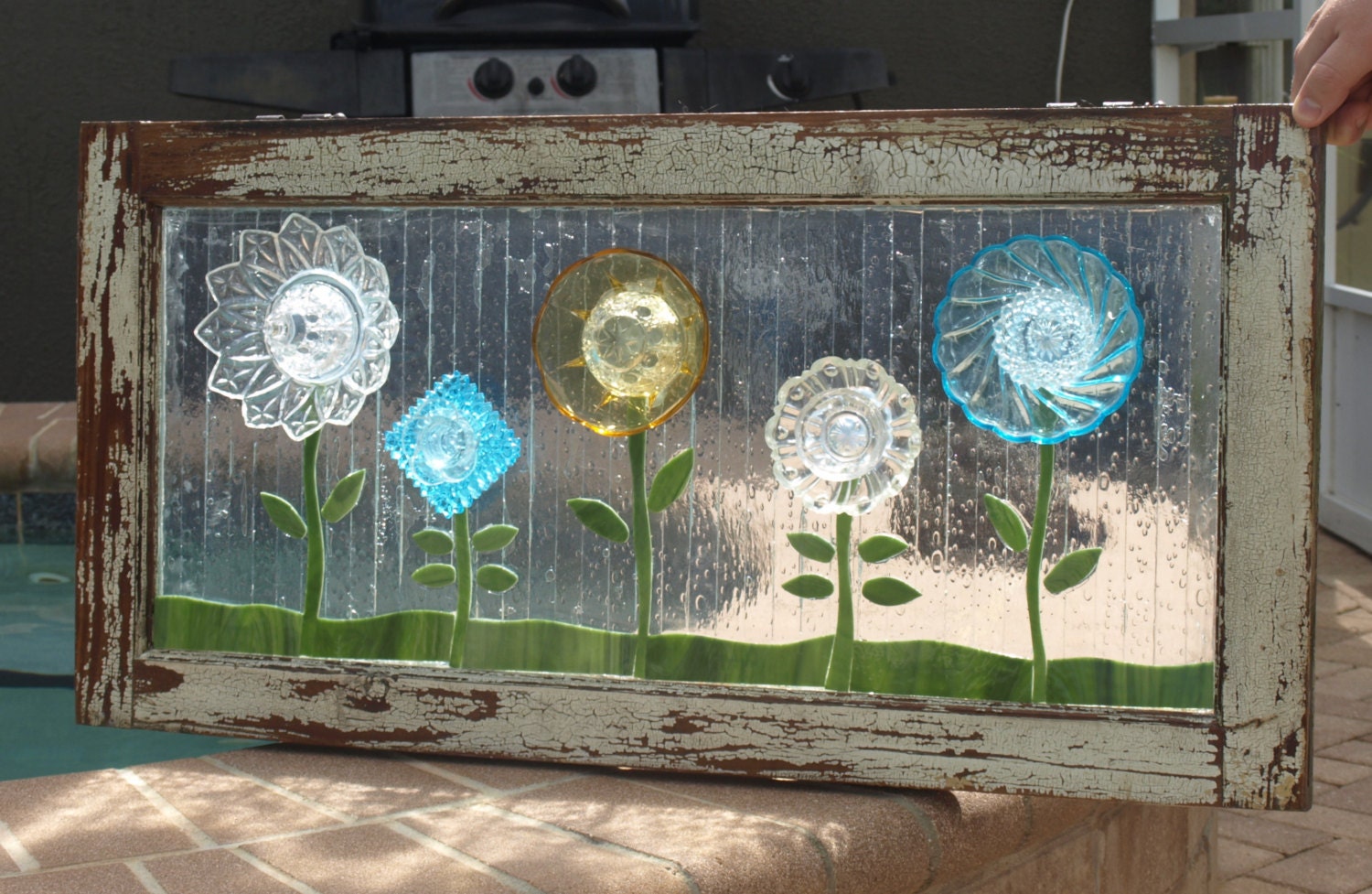 Stained Glass Mosaic Repurpose Wooden Window Plate Flowers