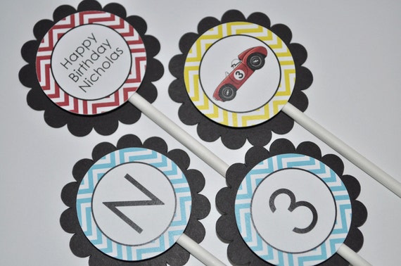 Boys Birthday Cupcake Toppers - Chevron Birthday Decorations, Race Car Birthday Party Decorations in Blue, Red, Yellow & Black - Set of 12 Il_570xn
