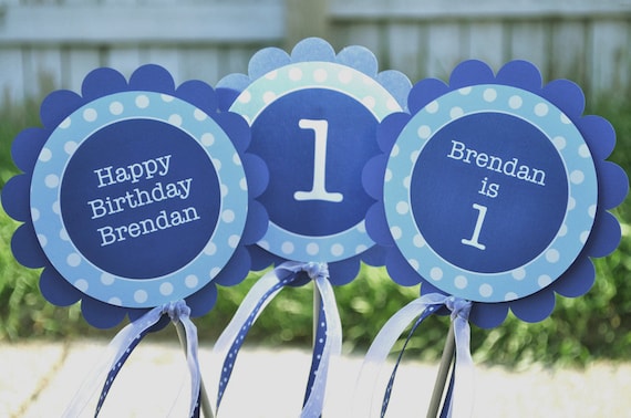 Centerpiece Sticks Boys Birthday Party - Dark Blue and Light Blue Polkadot - Birthday Party Decorations - Set of 3 Il_570xn