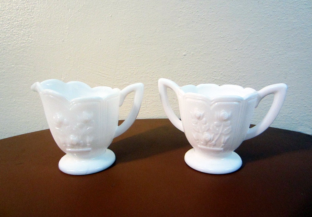 vintage Milk glass Sugar and Creamer set Raised Roses Imperial Haute