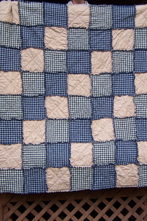 King Size Rag Quilt Navy Blue Homespun Rustic Decor