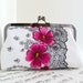White silk clutch bag with fuchsia and black flowers, Lace fashion