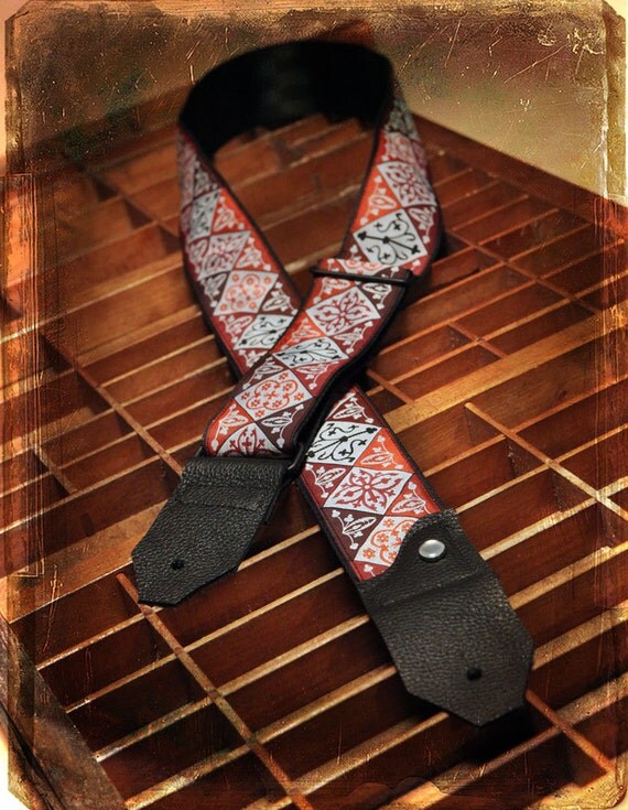 Leather and Seat Belt Guitar Strap Red and Black by PorteenGear