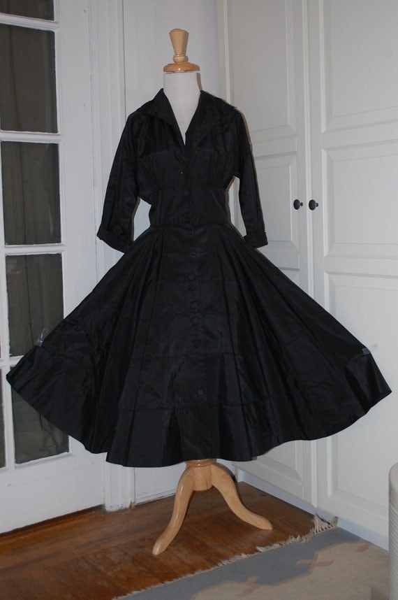 VINTAGE 50s Black Taffeta Dress Full Circle Dress Button