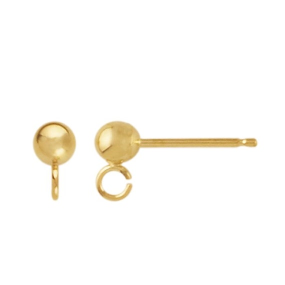 Solid 14K Yellow Gold Ball Post Earrings with Open Ring w/
