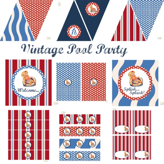 Vintage Pool Party Printable Party Decorations for Birthday Party or Baby Shower - DIY Decor by BeeAndDaisy - INSTANT DOWNLOAD Il_570xn
