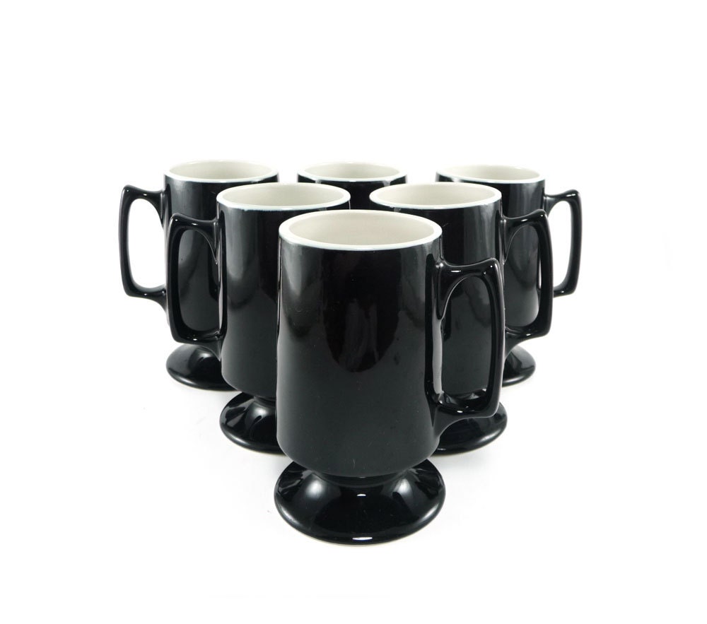 Pair of Black Hall coffee mugs footed pedestal 10oz