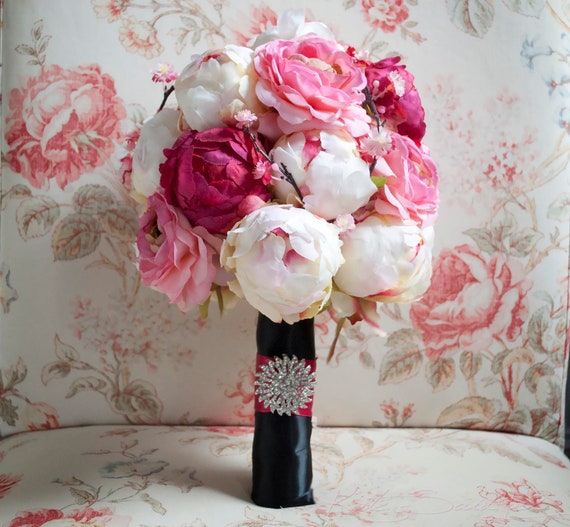 Cherry Blossom and Peony Wedding Bouquet - Black and Pink Peony Bouquet