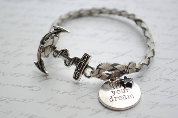 Anchor Bracelet- Live your Dream silver anchor and white braided rope with star charm