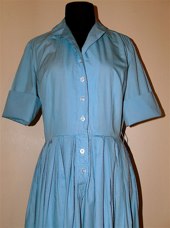 1950 Blue Shirtwaist Full Skirt Dress