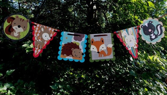 Forest Banner READY To SHiP Skunk Squirrel Bunny Deer Fox Hedgehog Red Green Turquoise BrownWoodland Wildlife Banner Il_570xn