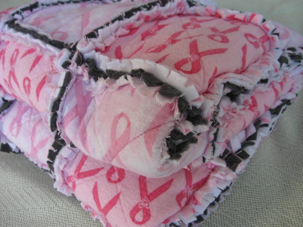 Pink Ribbon Breast Cancer Awareness Rag Quilted Throw Blanket