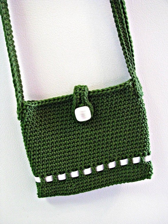 Green and White Purse with Button and Shoulder Strap Hand Crocheted Ponderosa Bag Leprechaun Spring