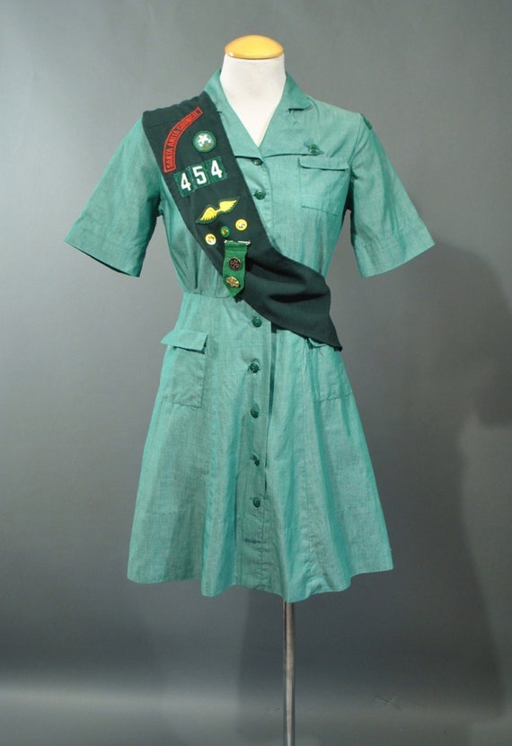 Vintage 1940s 50s Girl Scout Uniform Mini Dress Sash Patches