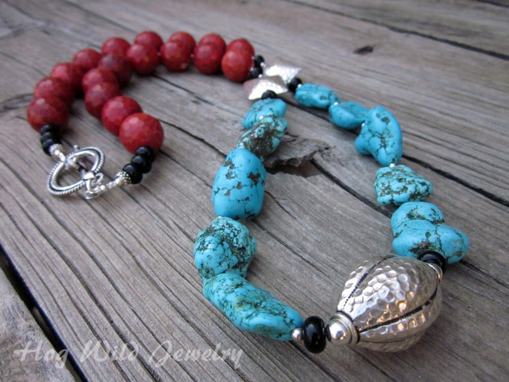 Coral Turquoise Bali Silver Focal Bead Longer Length Necklace