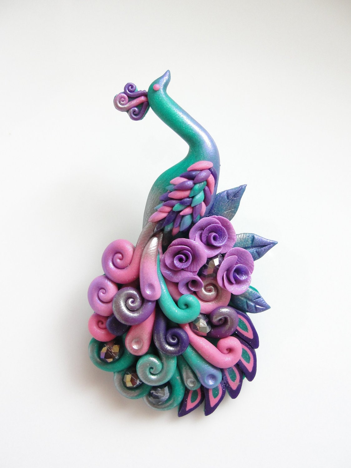 Polymer clay peacock brooch pin handmade in turquoise purple