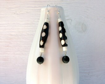 Black and white African bone earrings