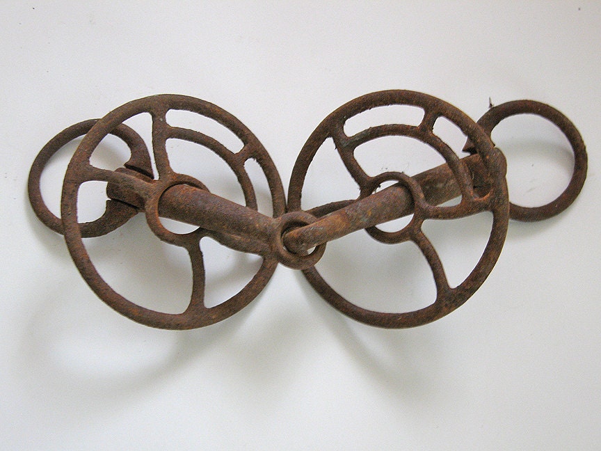 Vintage Horse Bridle Bit Found Objects Assemblage Wheels