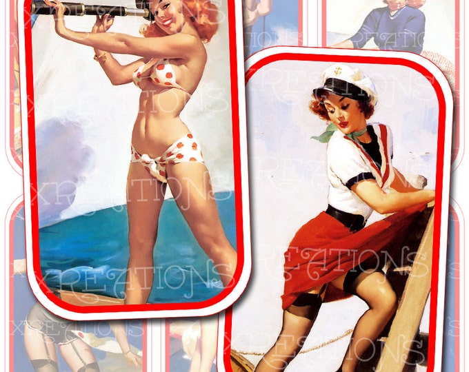Retro Nautical Pinup Girls - Digital Collage Sheet - DIY pill cases, tin cans or tags