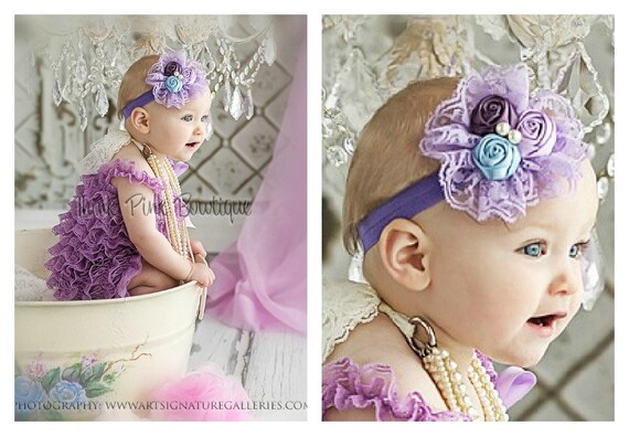 Lavender petti lace romper and headband SET, petti romper,baby headband, flower headband,vintage inspired headband and lace petti romper by ThinkPinkBows