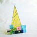 Stained Glass Yellow Christmas Tree w Presents Ornament Blue Swarovski Crystal Star Glass Bead Garland Peach Cabochon Ornaments Hand-crafted