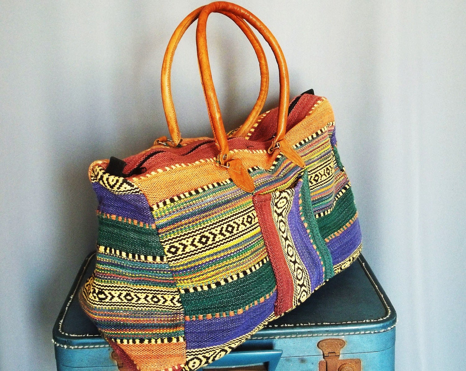 Vintage OVERSIZED Southwestern TAPESTRY Duffle Bag with