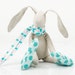 plush , Beige , small rabbit in Flowery scarf and Neon Blue Turquoise dotted socks - handmade fabric doll