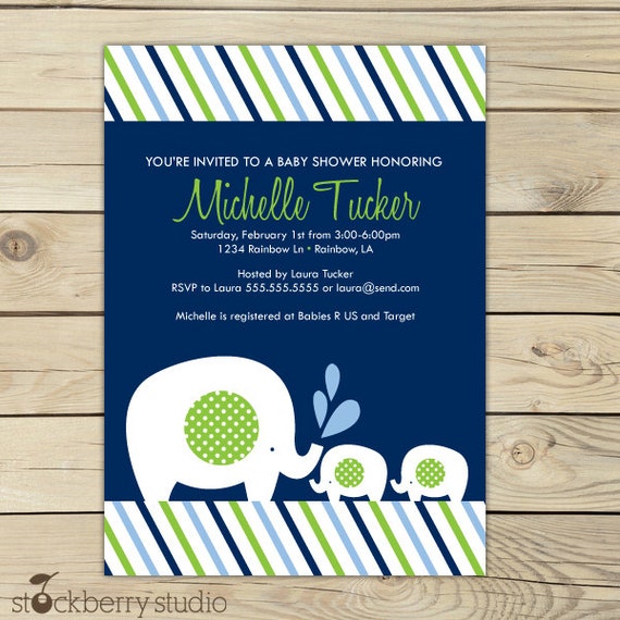 Twins Elephant Navy Blue Baby Shower Printable Invitation - Boy Il_570xn